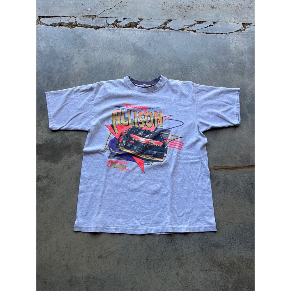 Vintage Davey Allison Havoline Racing T-Shirt Gray 90s NASCAR Ford Thunderbird L
